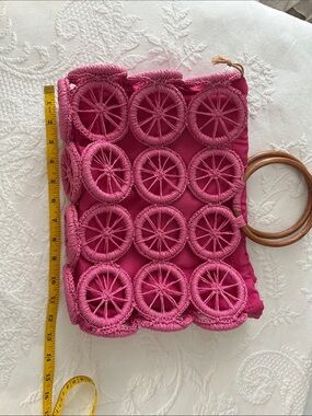 Handwoven Pink Circle-Accent Clutch with Wooden Ring Handles